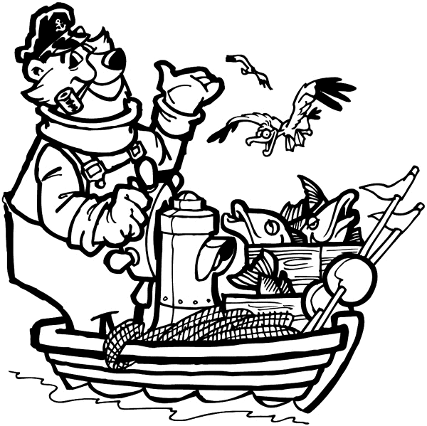 Comic bear fisherman vinyl sticker. Customize on line.     Boats Shipping 013-0137  